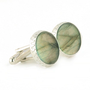 Cufflinks for men's shirt with Labradorite and solid Sterling Silver round-shape