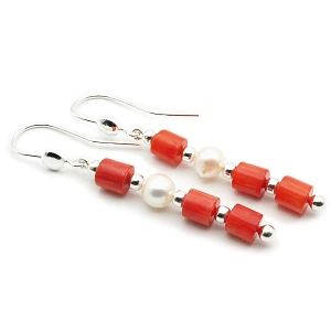 Red Coral with Pearl and 925 Silver Earrings