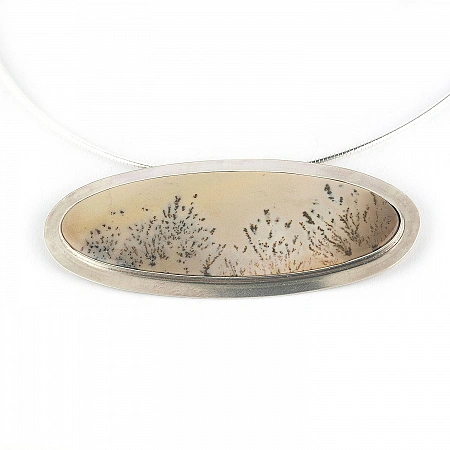 Dendritic Agate Pendant Necklace set in Sterling Silver oval-shaped and brown beige color