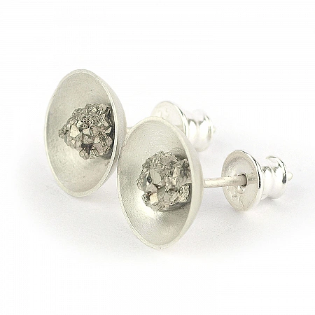 Sterling Silver Stud Earrings with raw Pyrite button shaped 11 mm (0.43 inches) in diameter