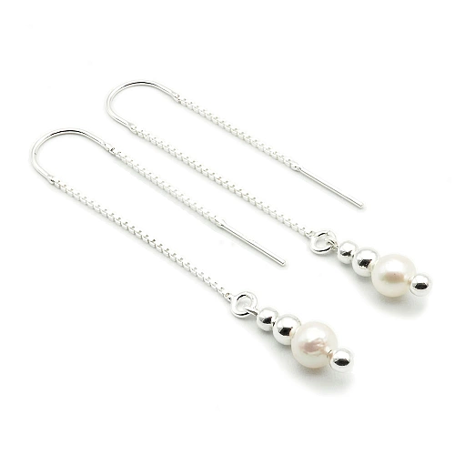 Freshwater Pearl and Sterling Silver Pull Through Threader Chain Earrings