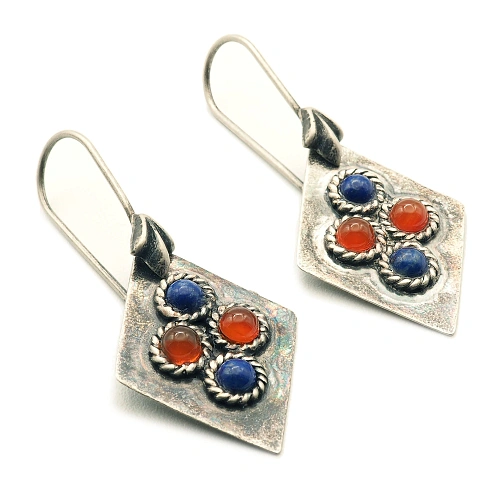 Carnelian and Lapis Lazuli Earrings in Oxidized 925 Silver, Red and Blue