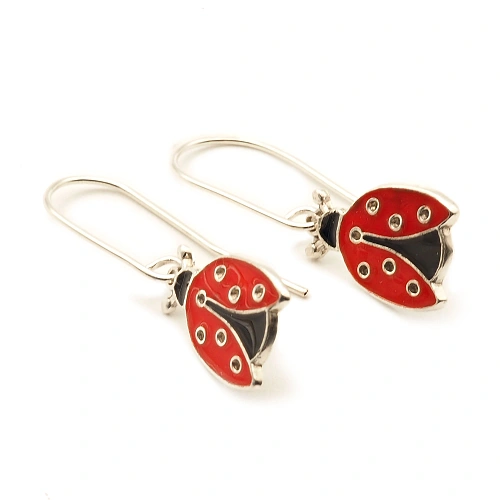 Ladybug Earrings in 925 Silver, Red and Black Enameled