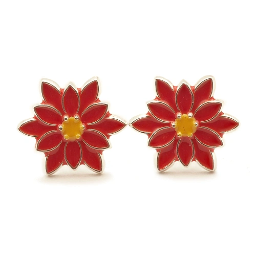 Pendientes Flor de Dalia en Plata 925 Esmaltada Rojo y Amarillo